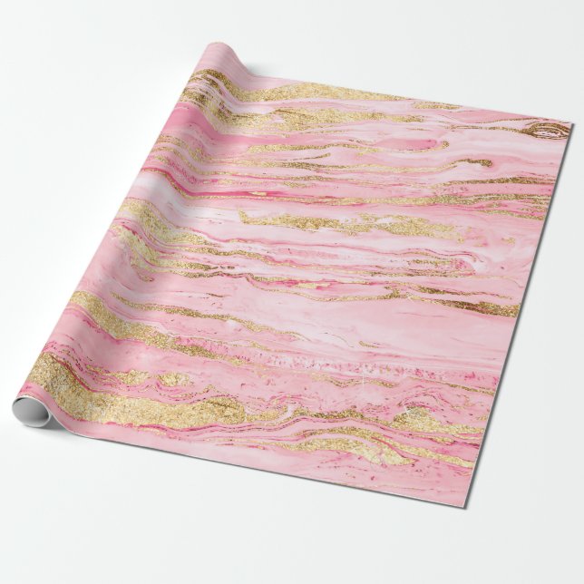 Snyggt Rosa Guld Abstrakt Marble Liquid Paint Presentpapper (Utrullad)