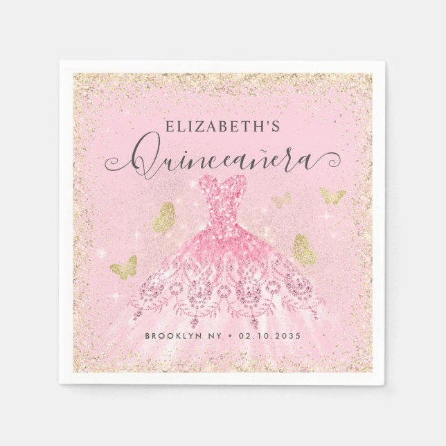 Snyggt  Rosa Guld Glitter Gown Quinceañera Pappersservett (Framsidan)