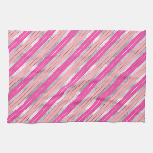 Snyggt Rosa, Guld och Silver Foil Rand Kökshandduk (Horisontell)