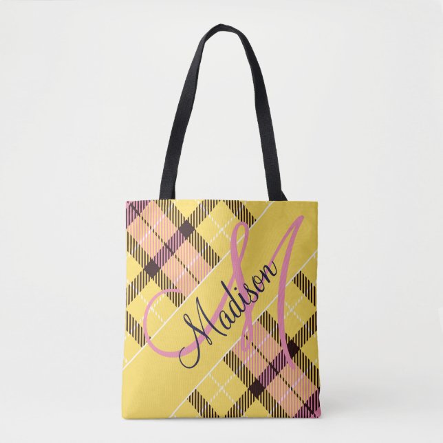 Snyggt Rosa Gult Play Tartan | Lägg till ditt namn Tygkasse (Framsida)