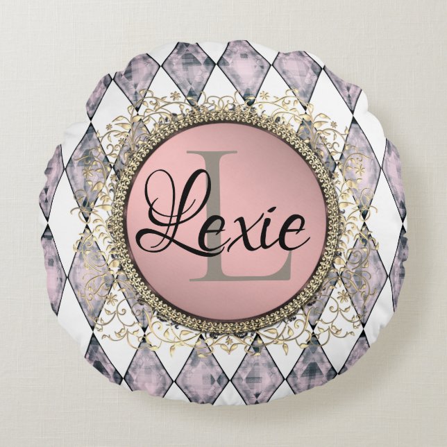 Snyggt Rosa  Harlequin Monogram Rund Kudde (Framsidan)