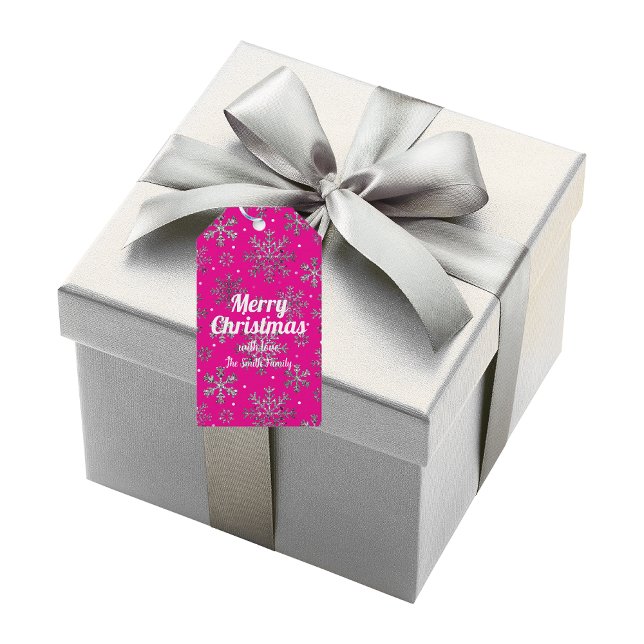 Snyggt Rosa jul med Elegant Snöflingor Presentetikett (Skapare uppladdad)