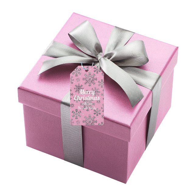 Snyggt Rosa jul med Elegant Snöflingor Presentetikett (Skapare uppladdad)