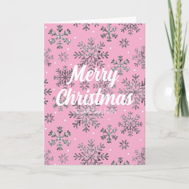 Snyggt Rosa julkort med Elegant Snöflingor Helgkort (Framsida)