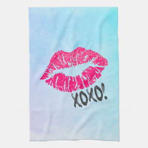 Snyggt Rosa Kissy Läppar med oxo! Blå vattenfärg Kökshandduk