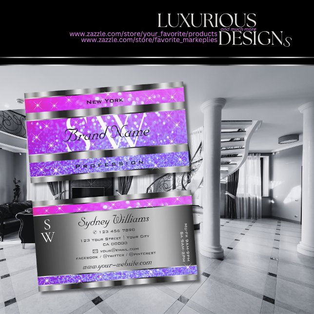 Snyggt Rosa Lila Glitter Stars Monogram Silver Visitkort (Skapare uppladdad)