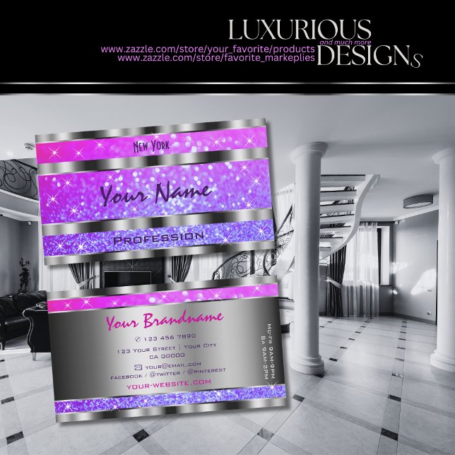 Snyggt Rosa Lila Glitter Stars Ornate Silver Visitkort (Skapare uppladdad)