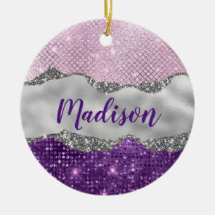 Snyggt rosa Lila  glittery silver gigly monogram Julgransprydnad Keramik