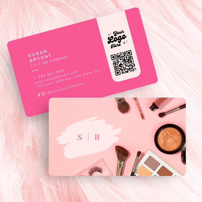 Snyggt rosa makup initialer fotoqr-logotyp för  visitkort (Stylish pink makeup initials photo qr code logo business card)