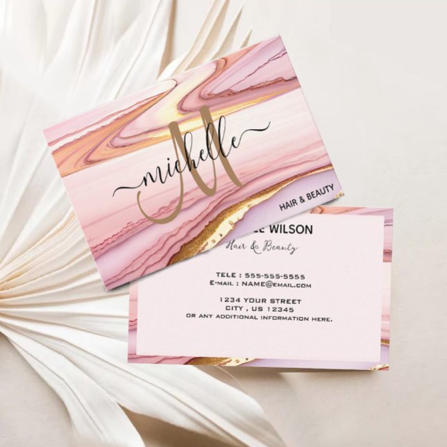 Snyggt Rosa Marble Agate Monogram Guld Glitter Visitkort (Stylish Pink Gold Glitter Marble Agate Monogram Business Card)