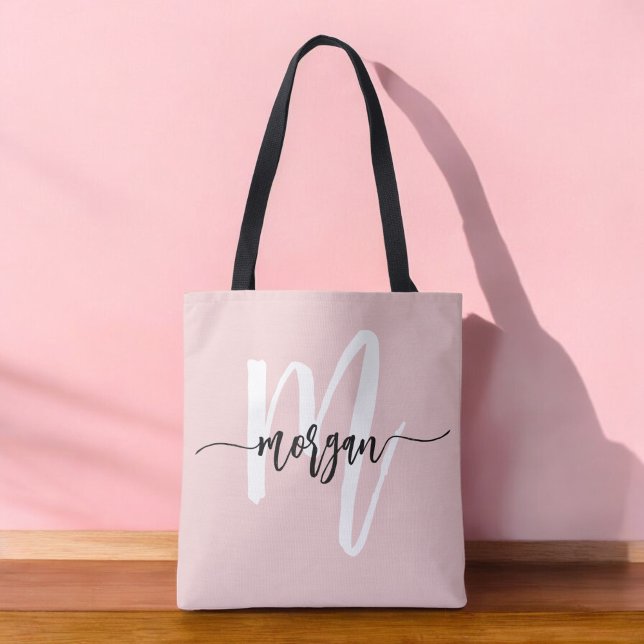 Snyggt Rosa Modern Script Girly Monogram Namn Tygkasse (Skapare uppladdad)