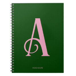 Snyggt Rosa Monogram Initial på Mörk grönt Anteckningsbok