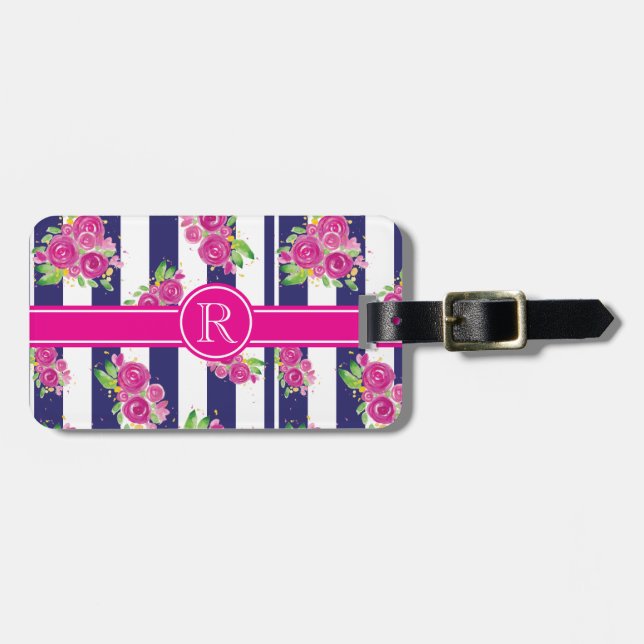 Snyggt Rosa Navy Stripe Blommigt Chic Monogram Bagagebricka (Horisontell Framsida)