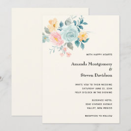 Snyggt Rosa och Blå blomma Bouquet - Bröllop Inbjudningar