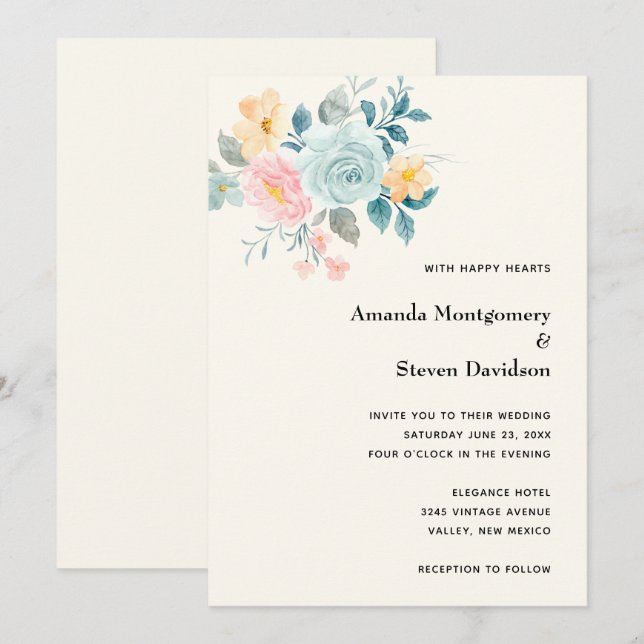 Snyggt Rosa och Blå blomma Bouquet - Bröllop Inbjudningar (Fram/baksida)