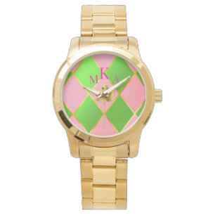 Snyggt Rosa och Grönt Guld Argyle Monogram Armbandsur