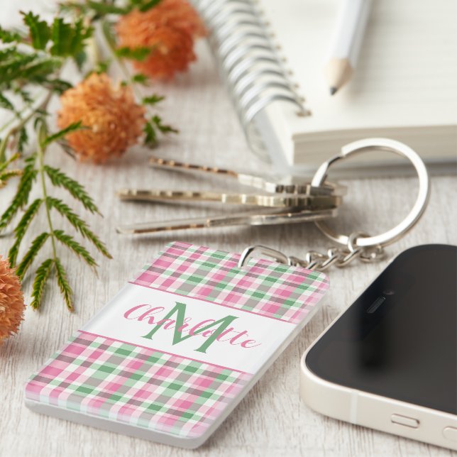 Snyggt rosa och grönt rutigt monogram (Högra Framsidan)