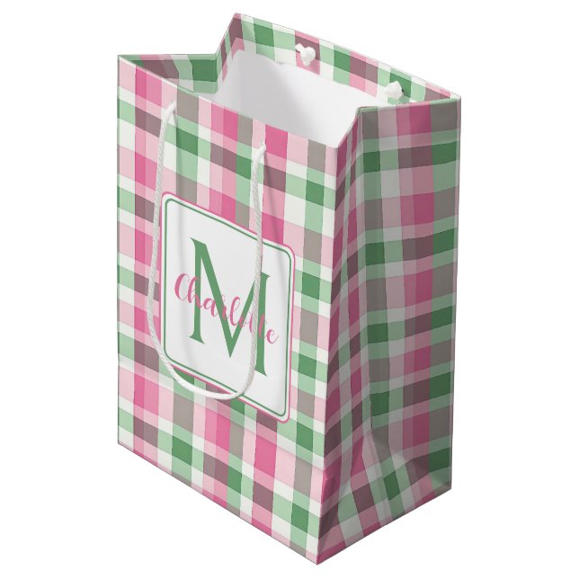 Snyggt rosa och grönt rutmönster med monogram (Framsidan Vinklad)