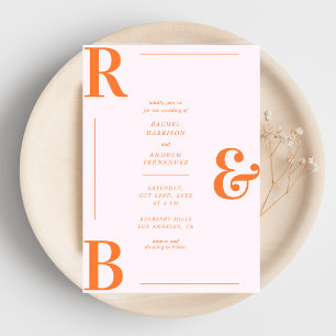 Snyggt Rosa och Orange Monogram QR-kod Bröllop Inbjudningar