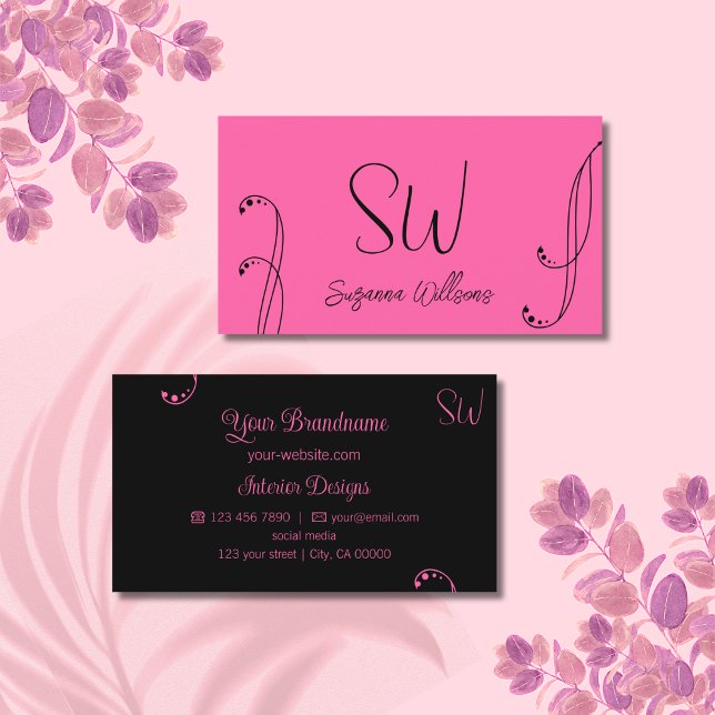 Snyggt Rosa och svart Chic Ornate med Monogram Visitkort (Skapare uppladdad)