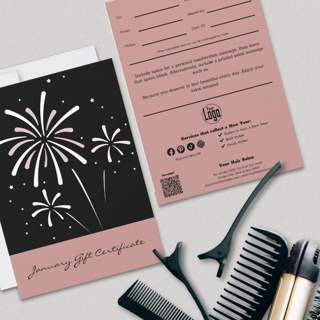 Snyggt - Rosa och svart januari-presentkort (Stylish Pink and Black January Gift Certificate, Hairstylist, Logo, Social, QR Code)