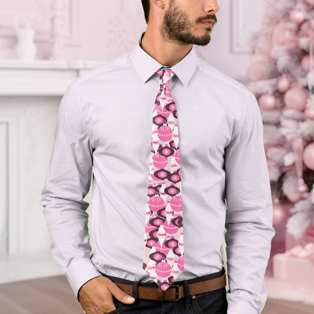 Snyggt Rosa och svart Retro Ornaments jul Slips (festive pink and black Christmas neck tie with colorful ornaments)