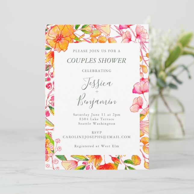 Snyggt Rosa Orange Botanical Par Shower Inbjudningar (Stående Fram)