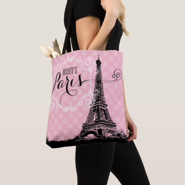 Snyggt Rosa Paris Eiffel Torn Monogram Namn Tygkasse (Närbild)