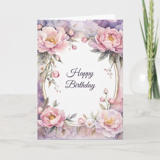 Snyggt Rosa Peony Oval Ram Birthday Kort (Framsida)