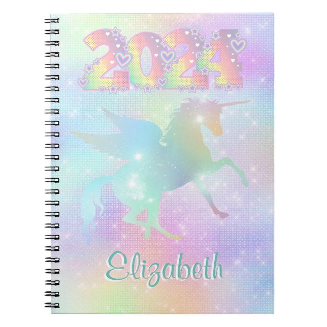 Snyggt Rosa Rainbow Unicorn Glitter 2024 Anteckningsbok (Framsidan)