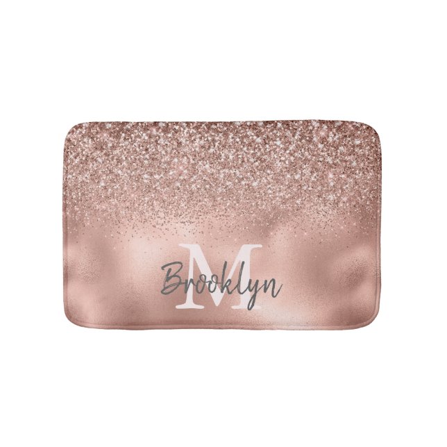Snyggt Rosa ros Glitter Guld Konfetti Monogram Badrumsmatta (Framsidan)