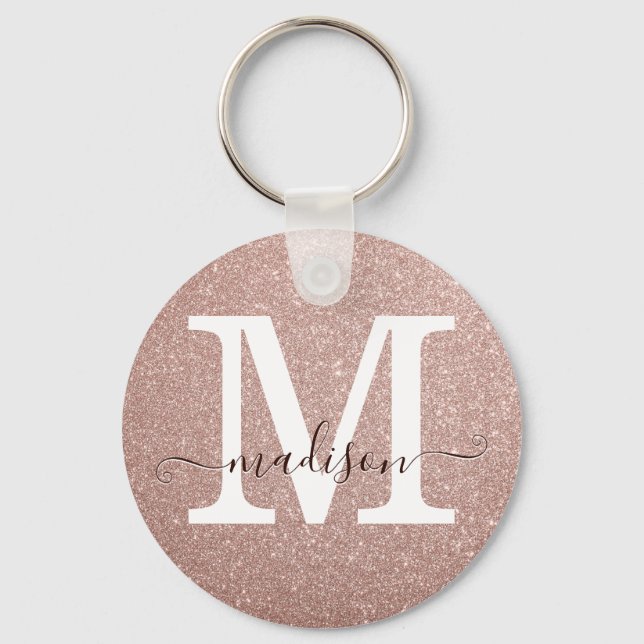 Snyggt Rosa ros Guld Glitter Monogram-skript Nyckelring (Framsida)