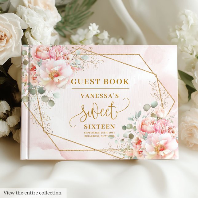 Snyggt  Rosa Sage Guld Blommigt Sweet sixteen Gästböcker (Stylish Blush Pink Sage Gold Floral Sweet Sixteen Guest Book)