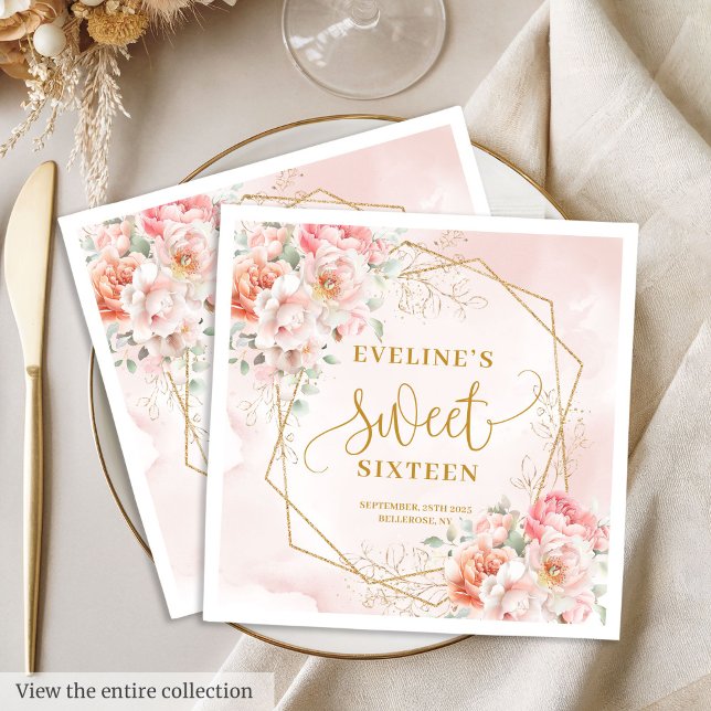 Snyggt  Rosa Sage Guld Blommigt Sweet sixteen Pappersservett (Elegant blush gold floral sweet sixteen party napkins

)