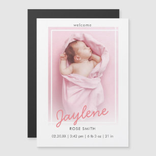 Snyggt Rosa Script Photo Birth-meddelande Magnetisk Inbjudningskort