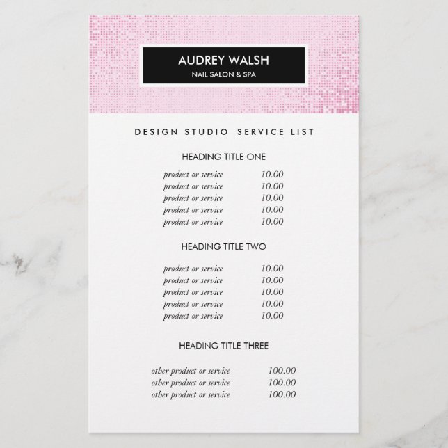 Snyggt Rosa Sequin Salon Pricing & Services Flygblad (Framsidan)