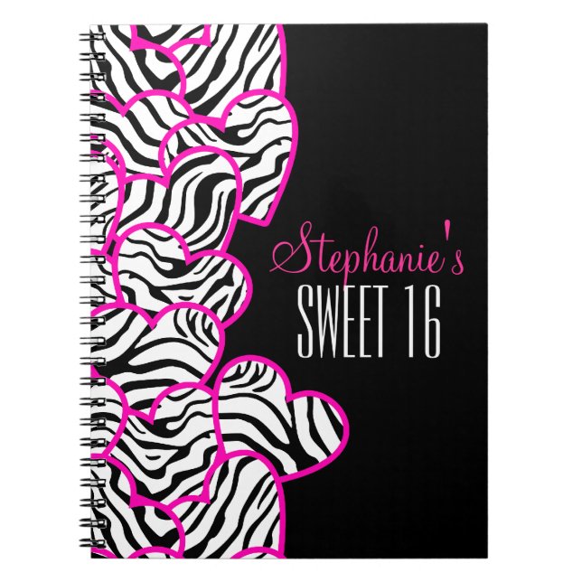 Snyggt Rosa Sweet 16 Zebra Heart Design Namn Anteckningsbok (Framsidan)