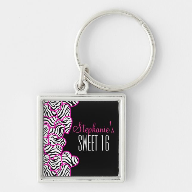 Snyggt Rosa Sweet 16 Zebra Heart Design Namn Fyrkantig Silverfärgad Nyckelring (Framsidan)