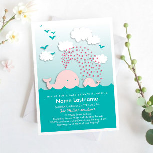 Snyggt Rosa Whales Hearts Mint Baby Shower Inbjudningar