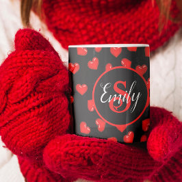 snyggt Rött hjärta mönster på svart monogrammat Kaffemugg