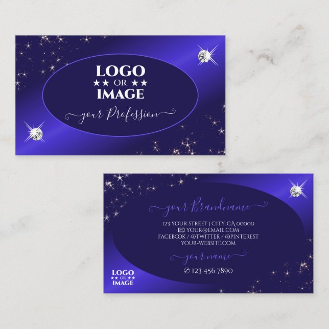 Snyggt Royal Blått Glitter Stardiamanter Lägg till Visitkort (Fram/baksida)