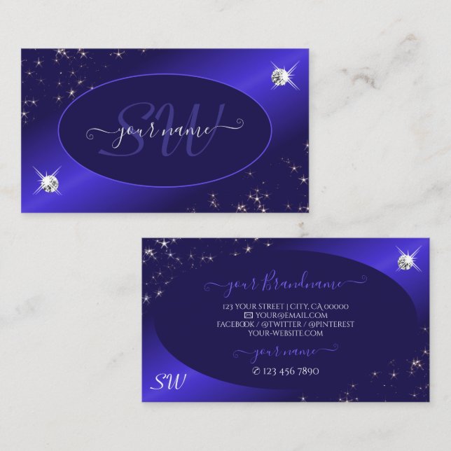 Snyggt Royal Blue Glitter Stars Diamonds Initialer Visitkort (Fram/baksida)