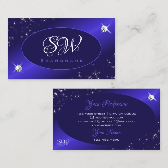 Snyggt Royal Blue Glitter Stars Diamonds Monogram Visitkort (Fram/baksida)