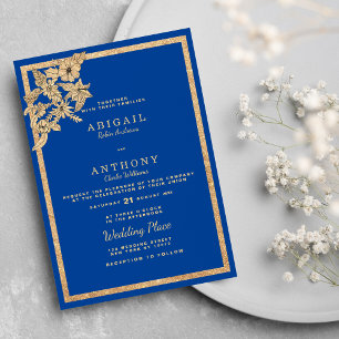 Snyggt Royal Blue Guld Glitter Blommigt Bröllop Inbjudningar