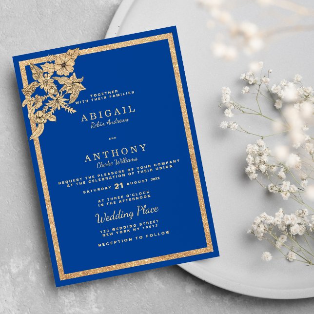 Snyggt Royal Blue Guld Glitter Blommigt Bröllop Inbjudningar (Stylish Royal Blue Gold Glitter Floral Wedding Invitation )