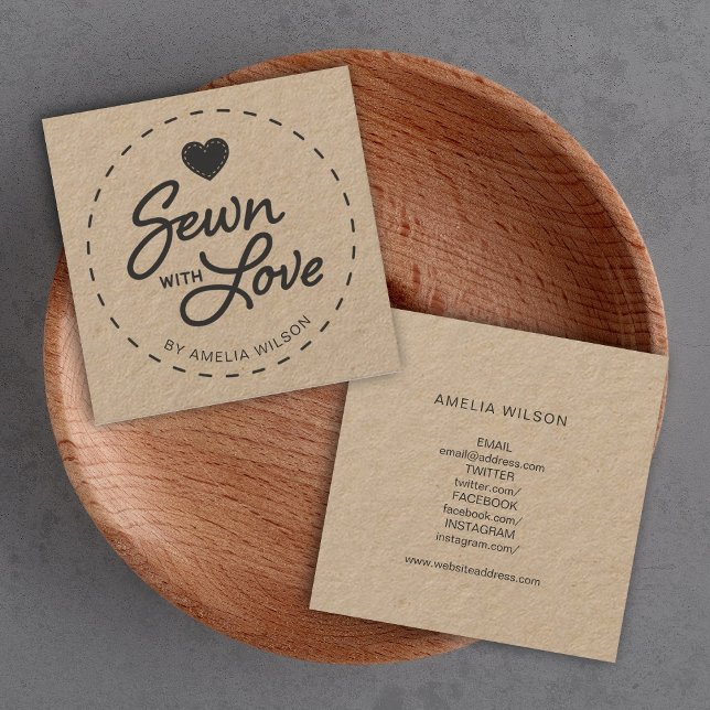 Snyggt Rustic Sewn med Kärlek Social Media Kraft Fyrkantigt Visitkort (Skapare uppladdad)