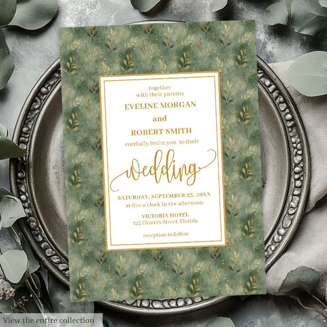 Snyggt Sage Grönt Guld-inbjudan till bröllopsbröll Inbjudningar (Stylish Sage Green Gold Foliage Wedding Invitation)