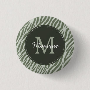 Snyggt Sage Grönt Zebra tryck Monogram och Namn Knapp