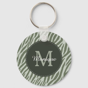 Snyggt Sage Grönt Zebra tryck Monogram och Namn Nyckelring