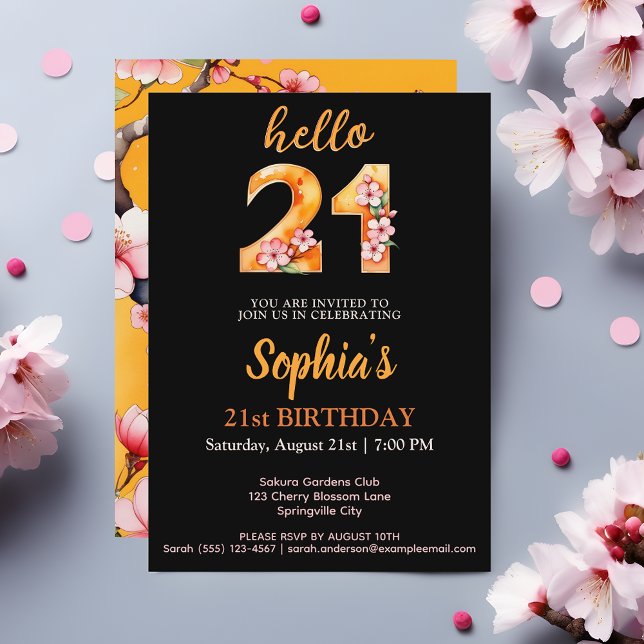Snyggt Sakura 21:a födelsedagsbjudan Inbjudningar (Hello 21 Chic Sakura Themed 21st Birthday Party Invitation - Elegance Meets Blossoming Beauty 🌸🎉)